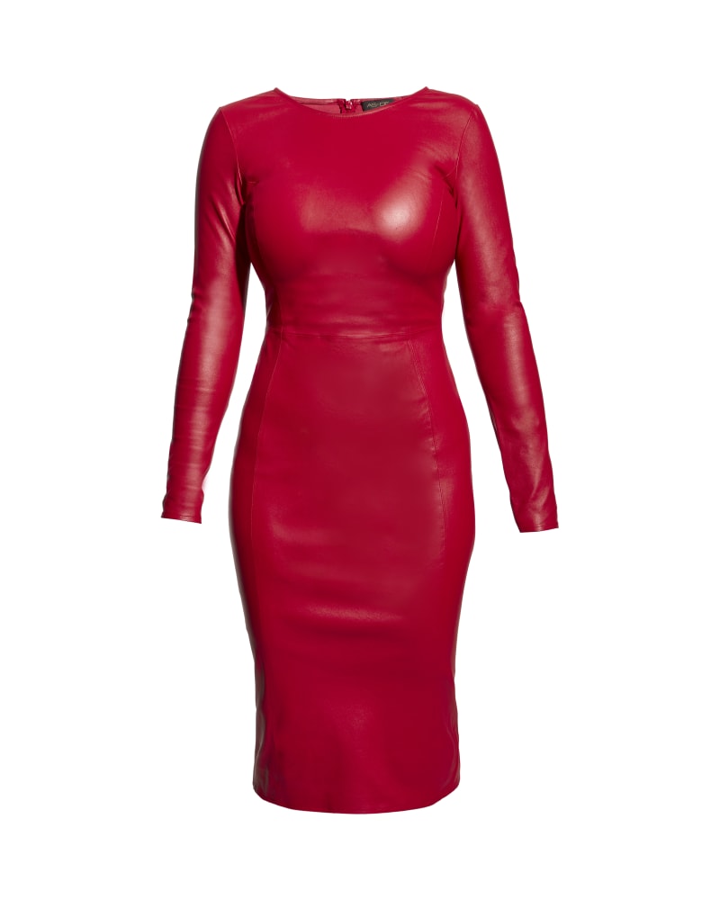 Front of a model wearing a size 3XL MRS. SMITH STRETCH LEATHER DRESS in Coco Red by AS by DF. | dia_product_style_image_id:324210